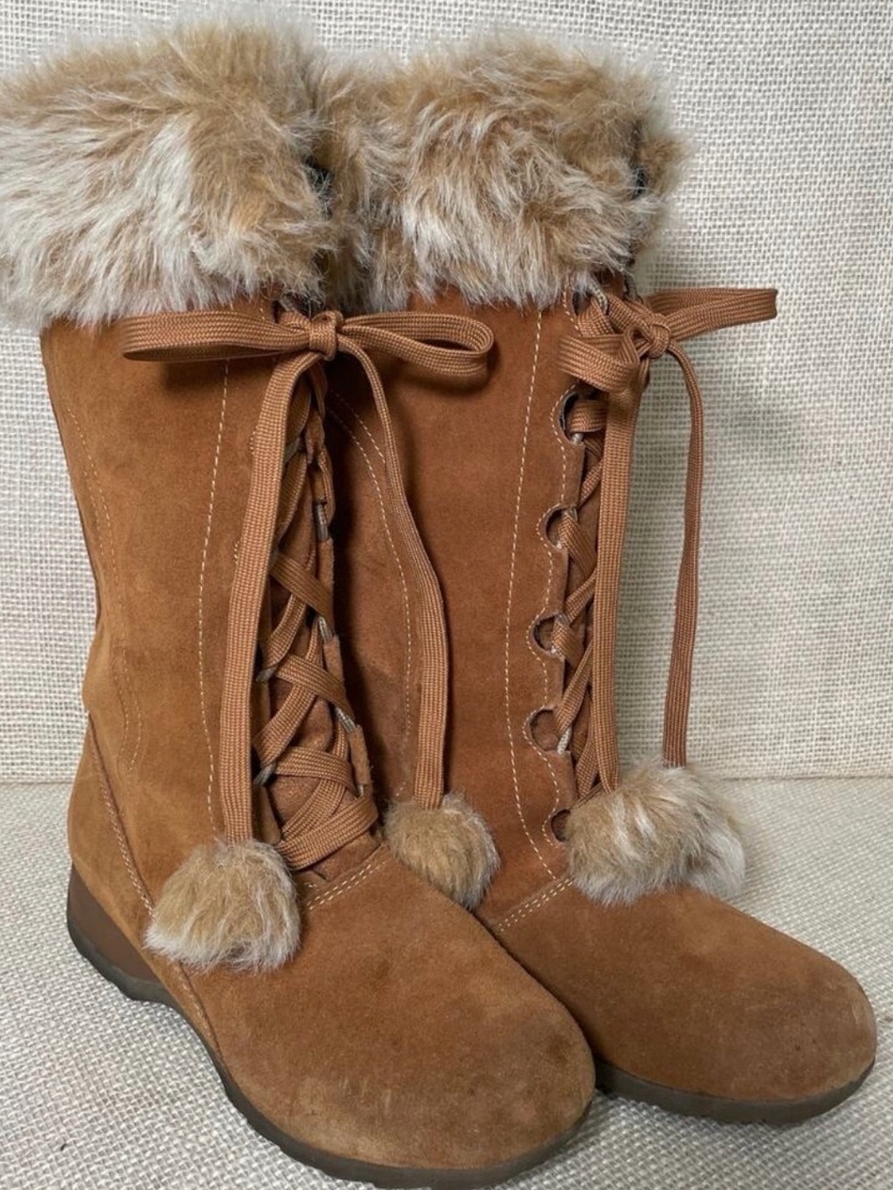 Sporto Tan Suede Faux-Fur Lace-Up Ankle Boots